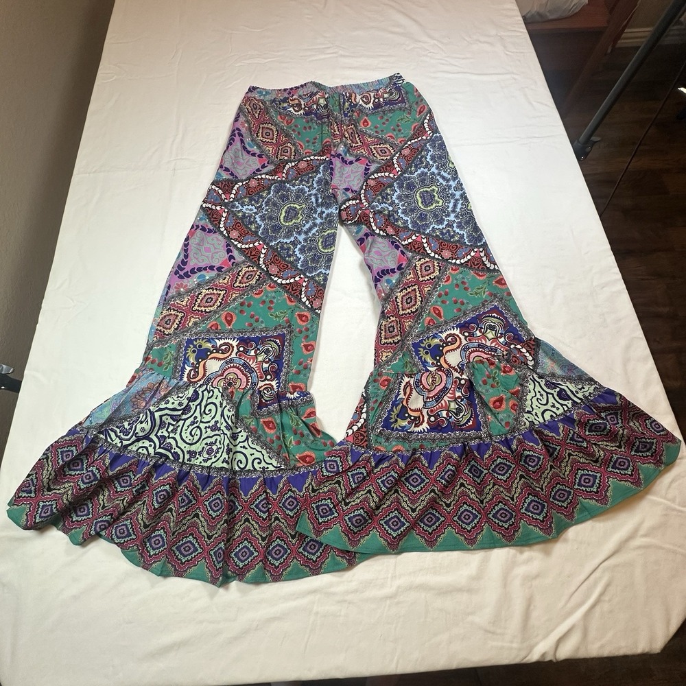 Umgee Patchwork Wide Legs Ruffle Hem Boho Festival Hippie Women's Pants Size M - Picture 5 of 12